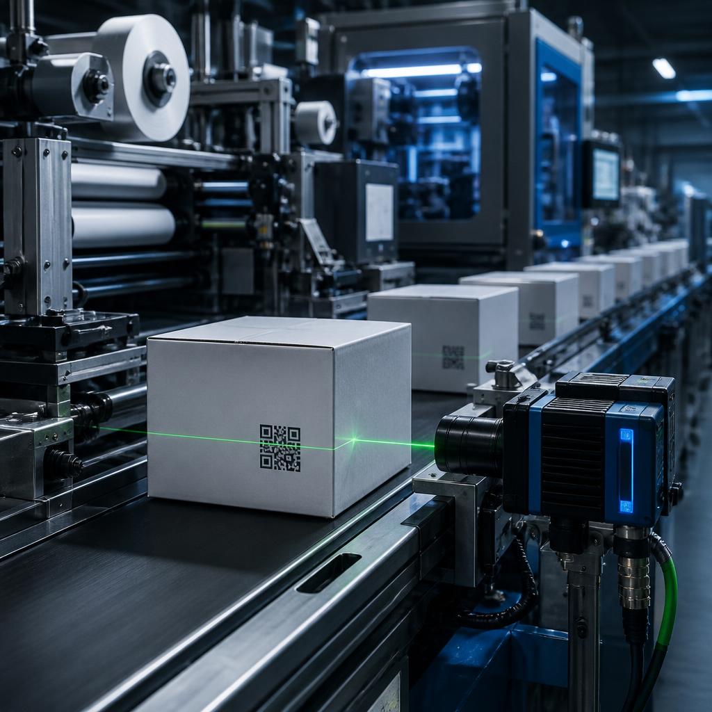 Packaging line applying and inspecting serialized 2D codes on cartons
